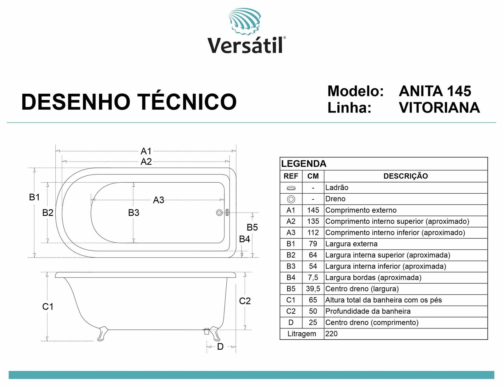Banheira Vitoriana Imersão Clássica branca 145x79 S/hidro Versátil - ANITA